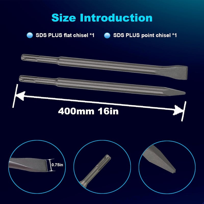 Phyxlyn 16" SDS Plus Chisel Set, 3/4" Flat Chisel and Point Chisel with Sds Plus Shank Ideal for Concrete Demolition, Tile Removal Chisel Tool for SDS Plus Hammer Drill Attachment - Image 3